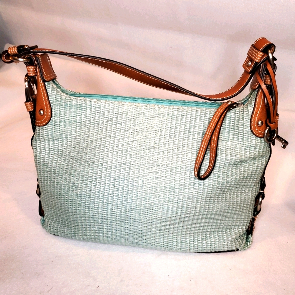 Fossil Mint Basketweave Tan Leather Bottom Shoulder Bag